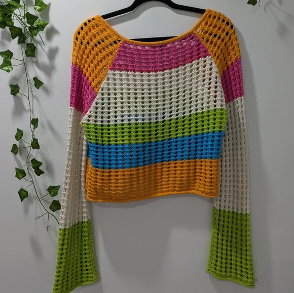 XS Wild Fable Multicolored Thich Fishnet Crew Neck Sweater - Picture 4 of 4